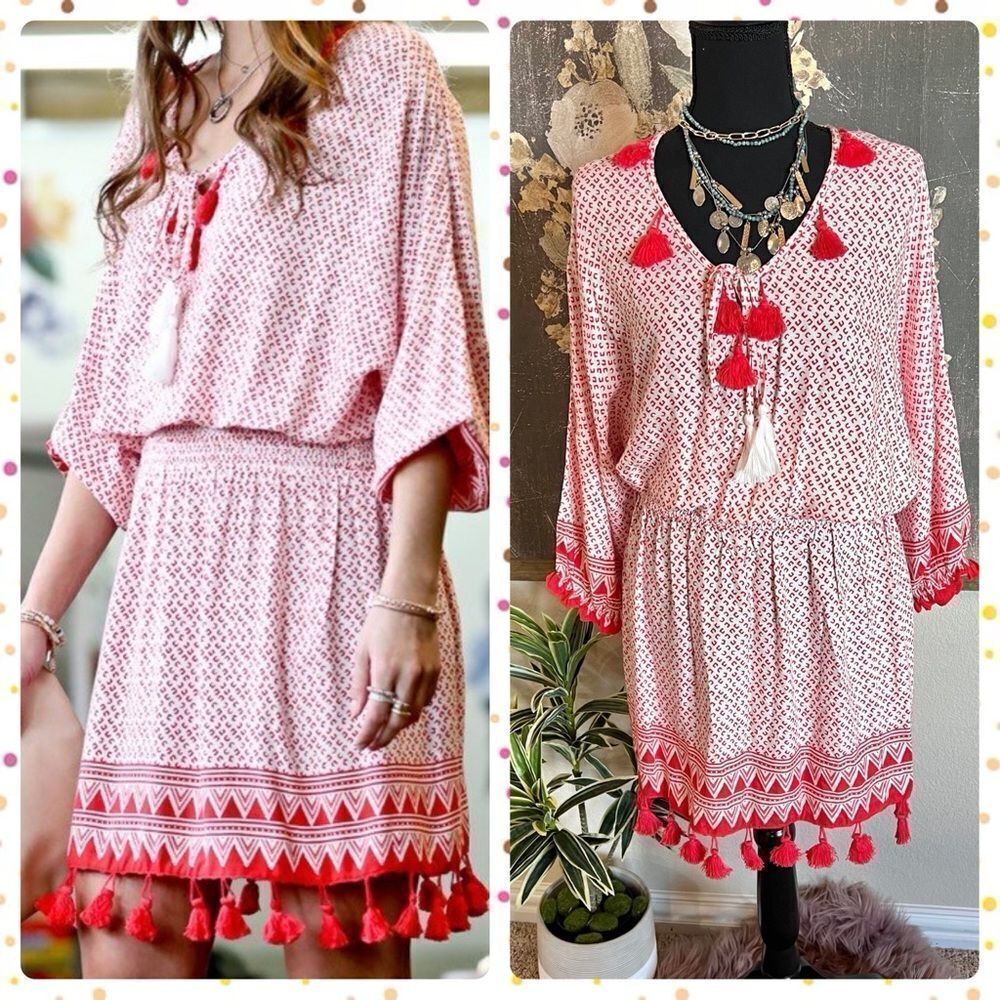 Mazik Red White Tasseled Smocked Waist Geo Tribal Coastal Boho Mini Dress Sz S
